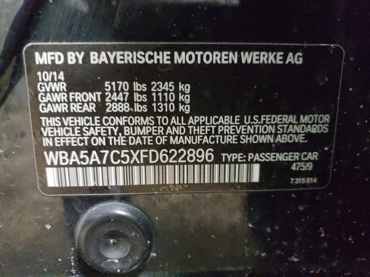 Photo 10 from auction – 2015 BMW 528 XI with VIN WBA5A7C5XFD622896