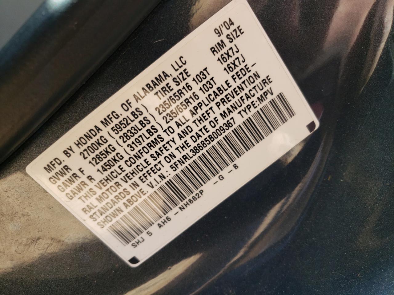 Photo 10 from auction – 2005 HONDA ODYSSEY EX with VIN 5FNRL38685B009367