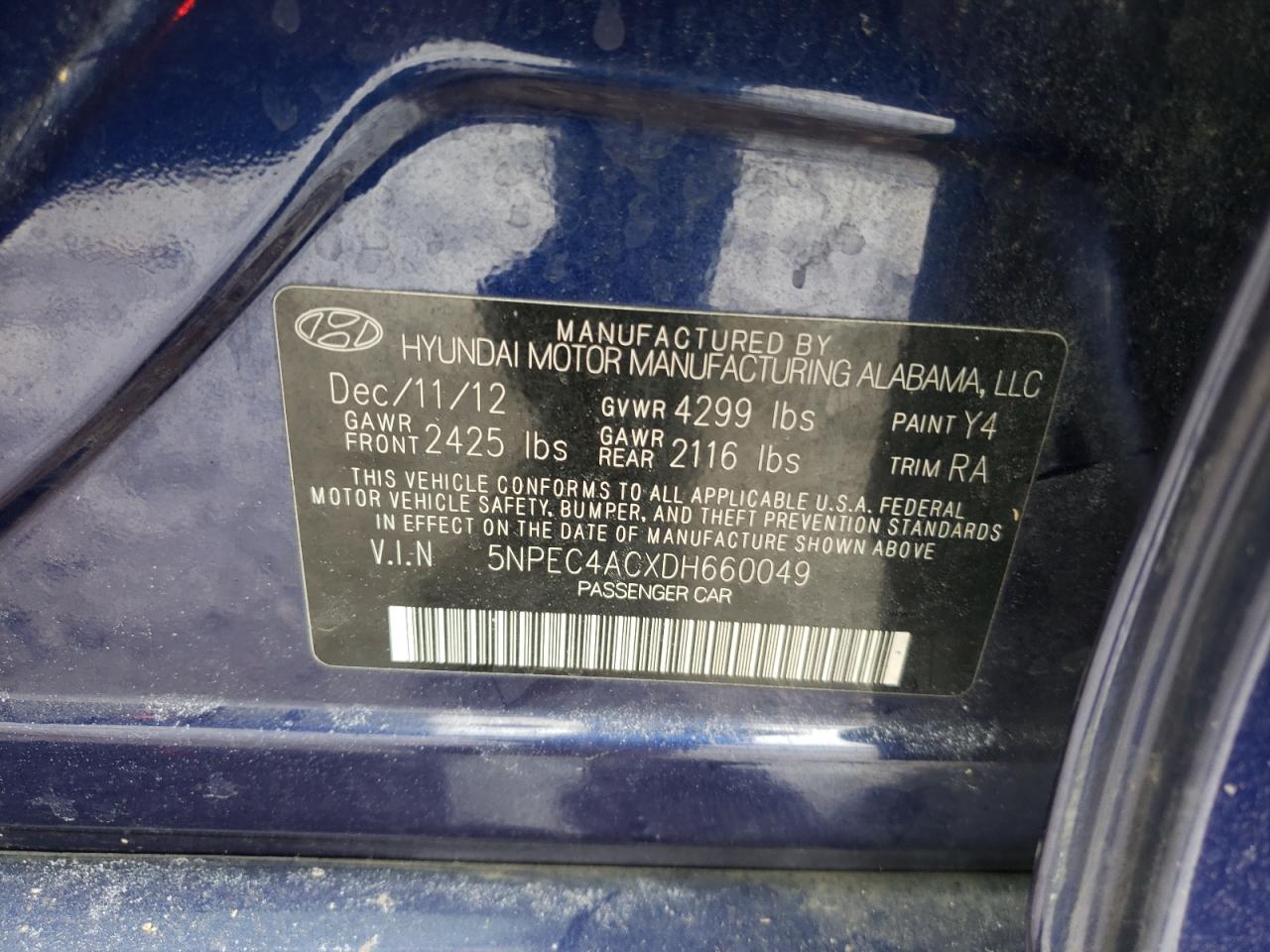 Photo 10 from auction – 2013 HYUNDAI SONATA SE with VIN 5NPEC4ACXDH660049