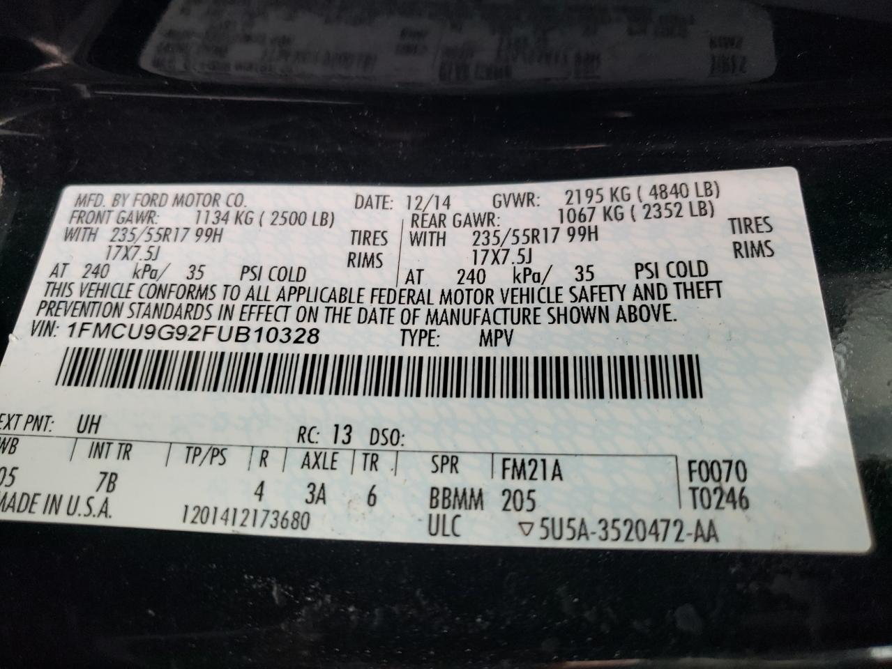 Photo 10 from auction – 2015 FORD ESCAPE SE with VIN 1FMCU9G92FUB10328
