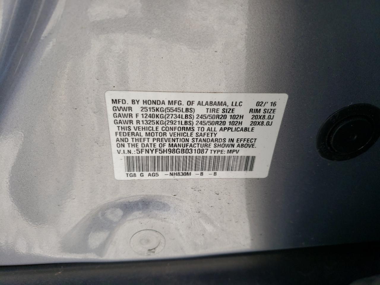 Photo 10 from auction – 2016 HONDA PILOT TOUR with VIN 5FNYF5H98GB031087