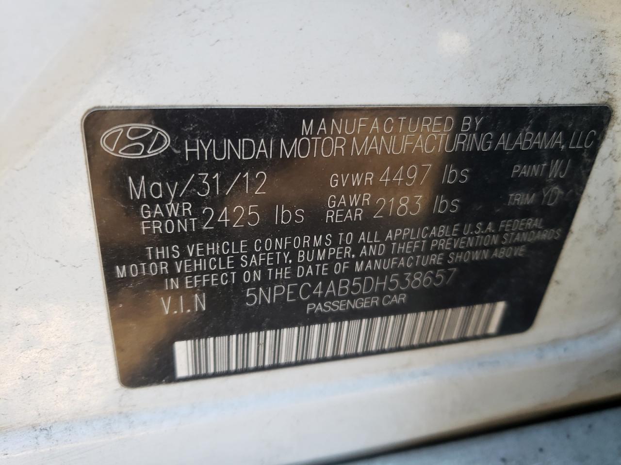 Photo 10 from auction – 2013 HYUNDAI SONATA SE with VIN 5NPEC4AB5DH538657
