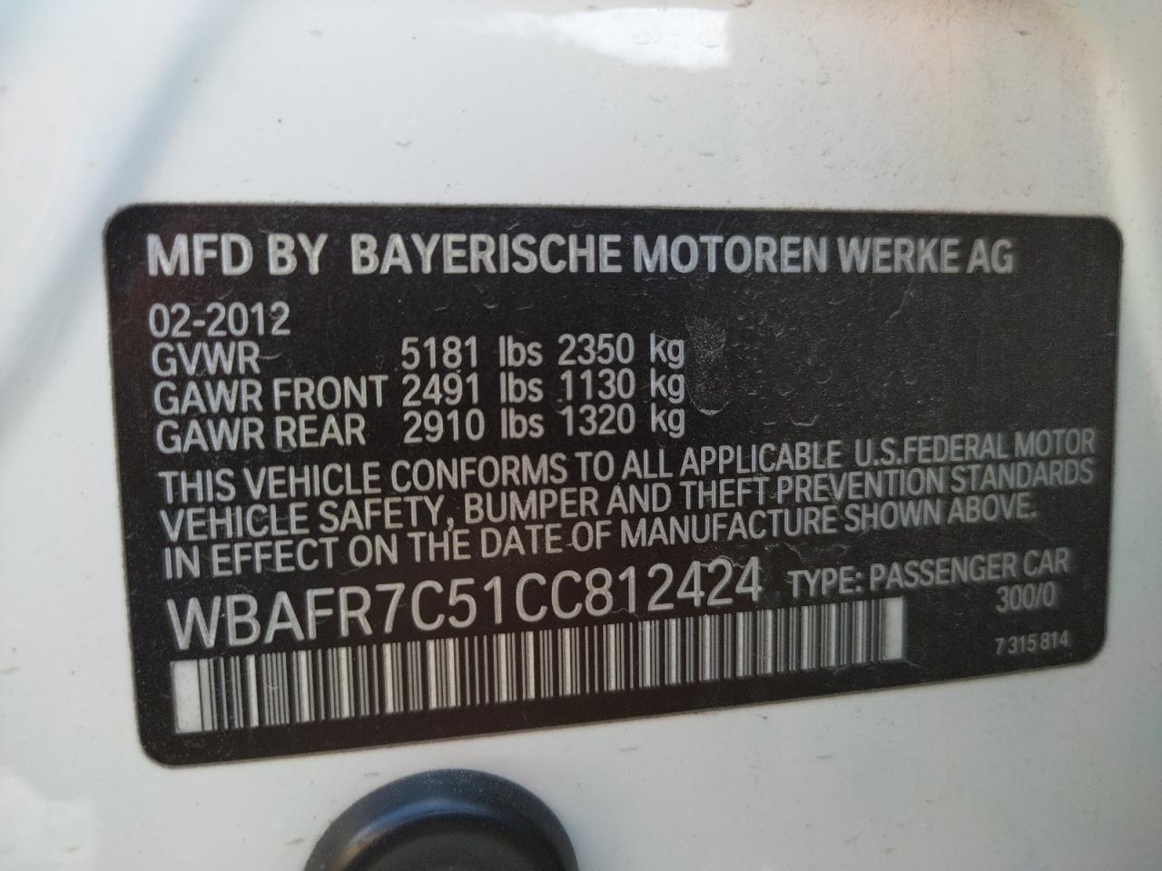 Photo 10 from auction – 2012 BMW 535 I with VIN WBAFR7C51CC812424