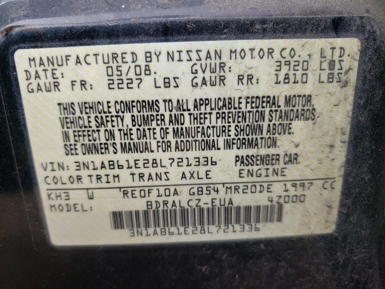 Photo 10 from auction – 2008 NISSAN SENTRA 2.0 with VIN 3N1AB61E28L721336