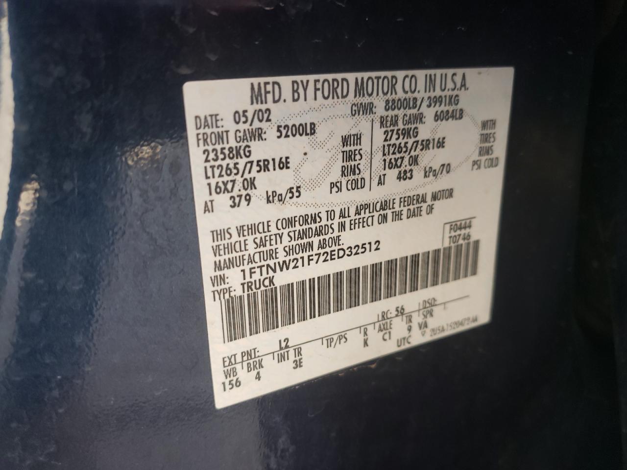 Photo 10 from auction – 2002 FORD F250 SUPER with VIN 1FTNW21F72ED32512