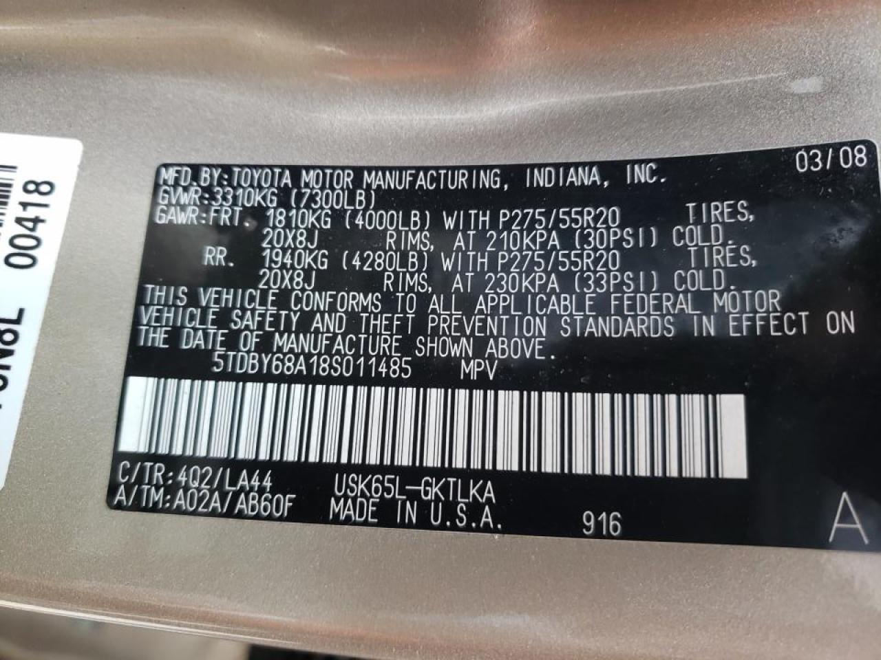 Photo 10 from auction – 2008 TOYOTA SEQUOIA LI with VIN 5TDBY68A18S011485