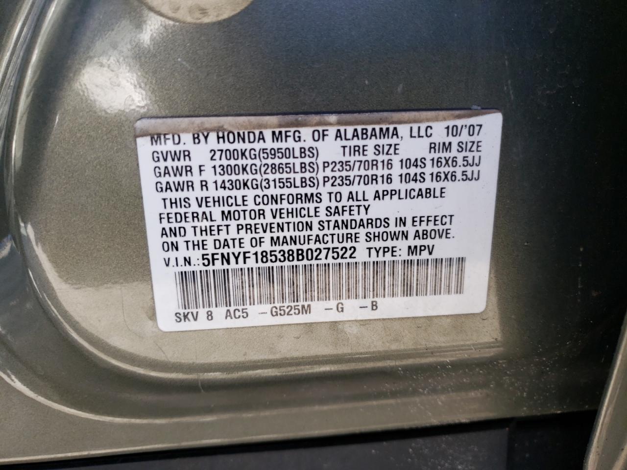 Photo 10 from auction – 2008 HONDA PILOT EXL with VIN 5FNYF18538B027522