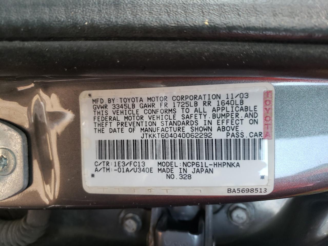 Photo 10 from auction – 2004 TOYOTA SCION XA with VIN JTKKT604040062292