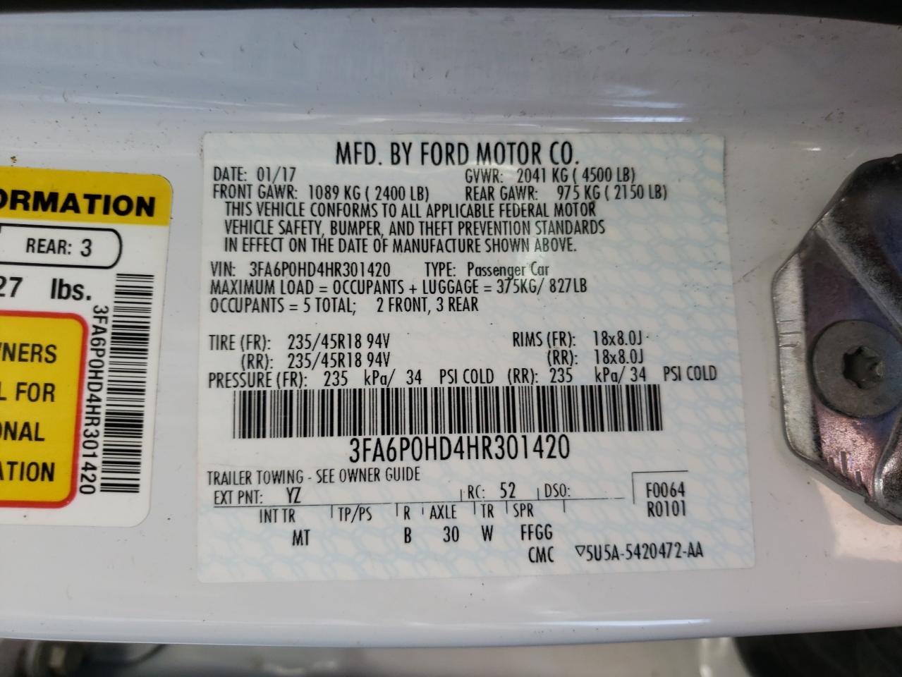 Photo 10 from auction – 2017 FORD FUSION SE with VIN 3FA6P0HD4HR301420