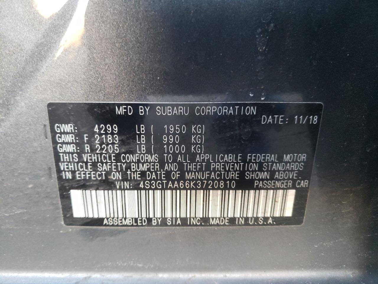 Фото 10 с аукциона – 2019 SUBARU IMPREZA с VIN 4S3GTAA66K3720810