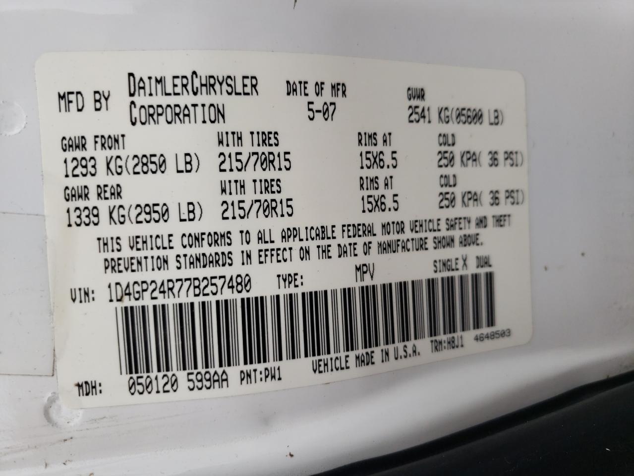 Photo 10 from auction – 2007 DODGE GRAND CARA with VIN 1D4GP24R77B257480