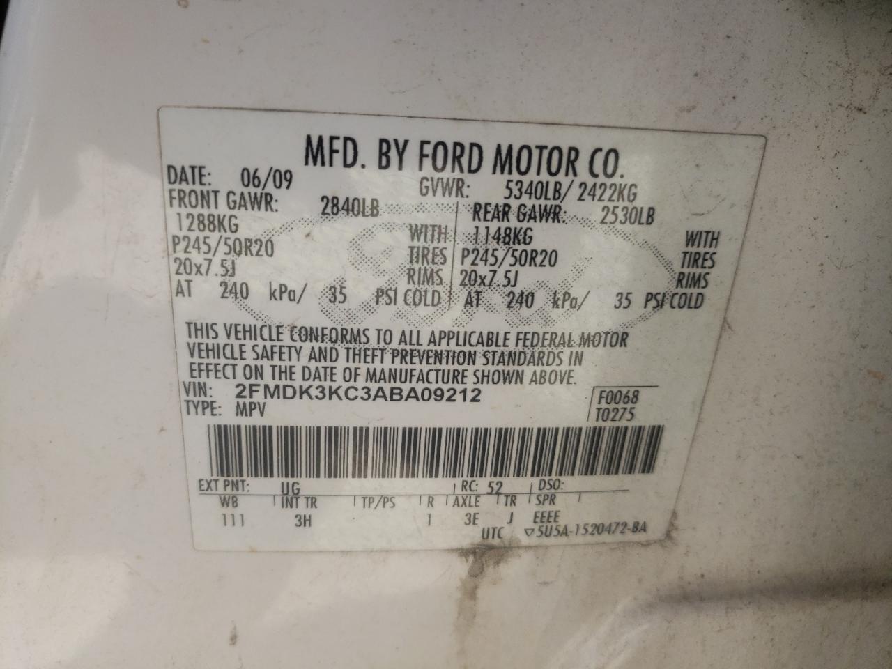 Photo 10 from auction – 2010 FORD EDGE LIMIT with VIN 2FMDK3KC3ABA09212