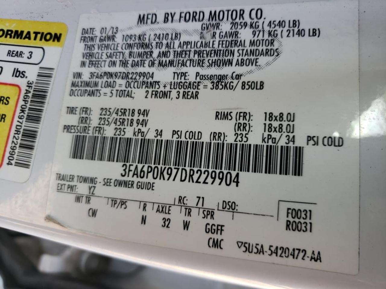 Photo 10 from auction – 2013 FORD FUSION TIT with VIN 3FA6P0K97DR229904
