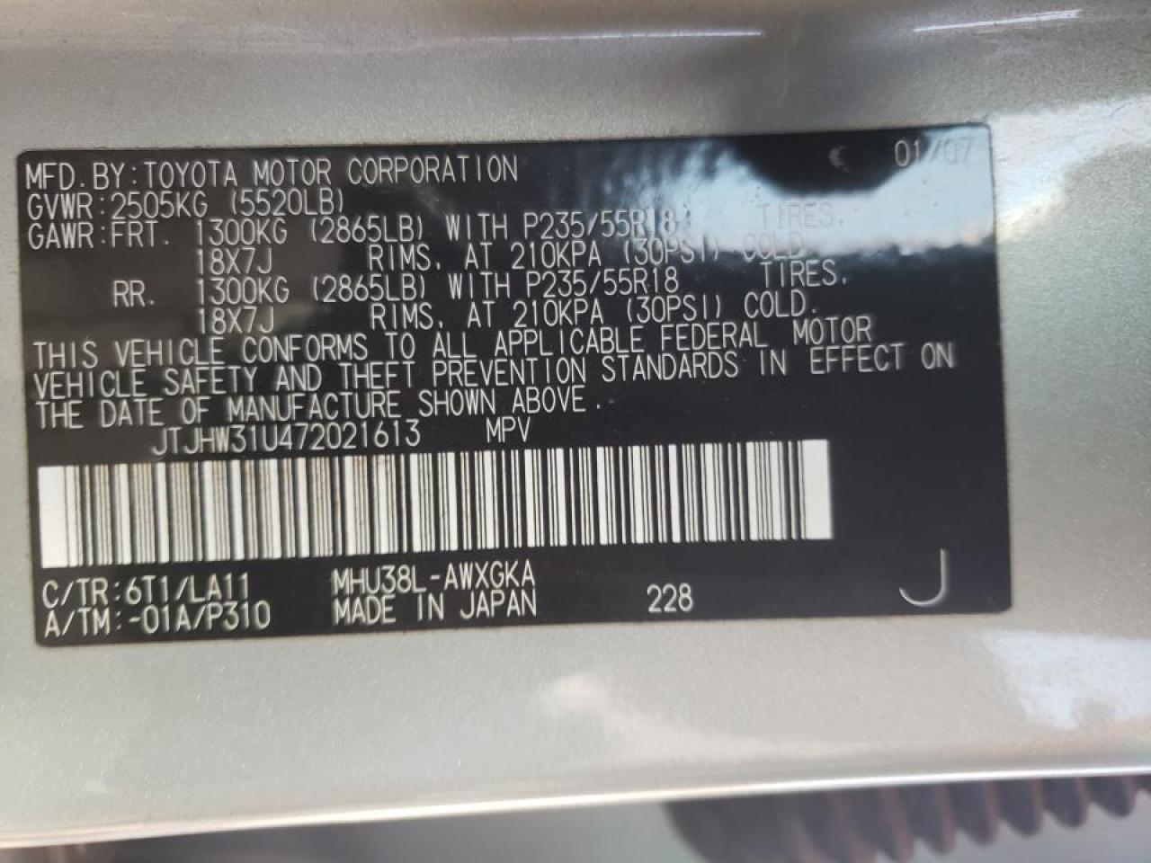 Photo 10 from auction – 2007 LEXUS RX 400H with VIN JTJHW31U472021613