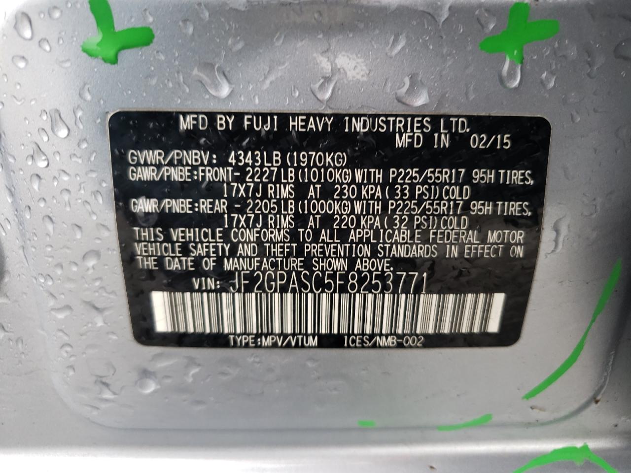 Photo 10 from auction – 2015 SUBARU XV CROSSTR with VIN JF2GPASC5F8253771