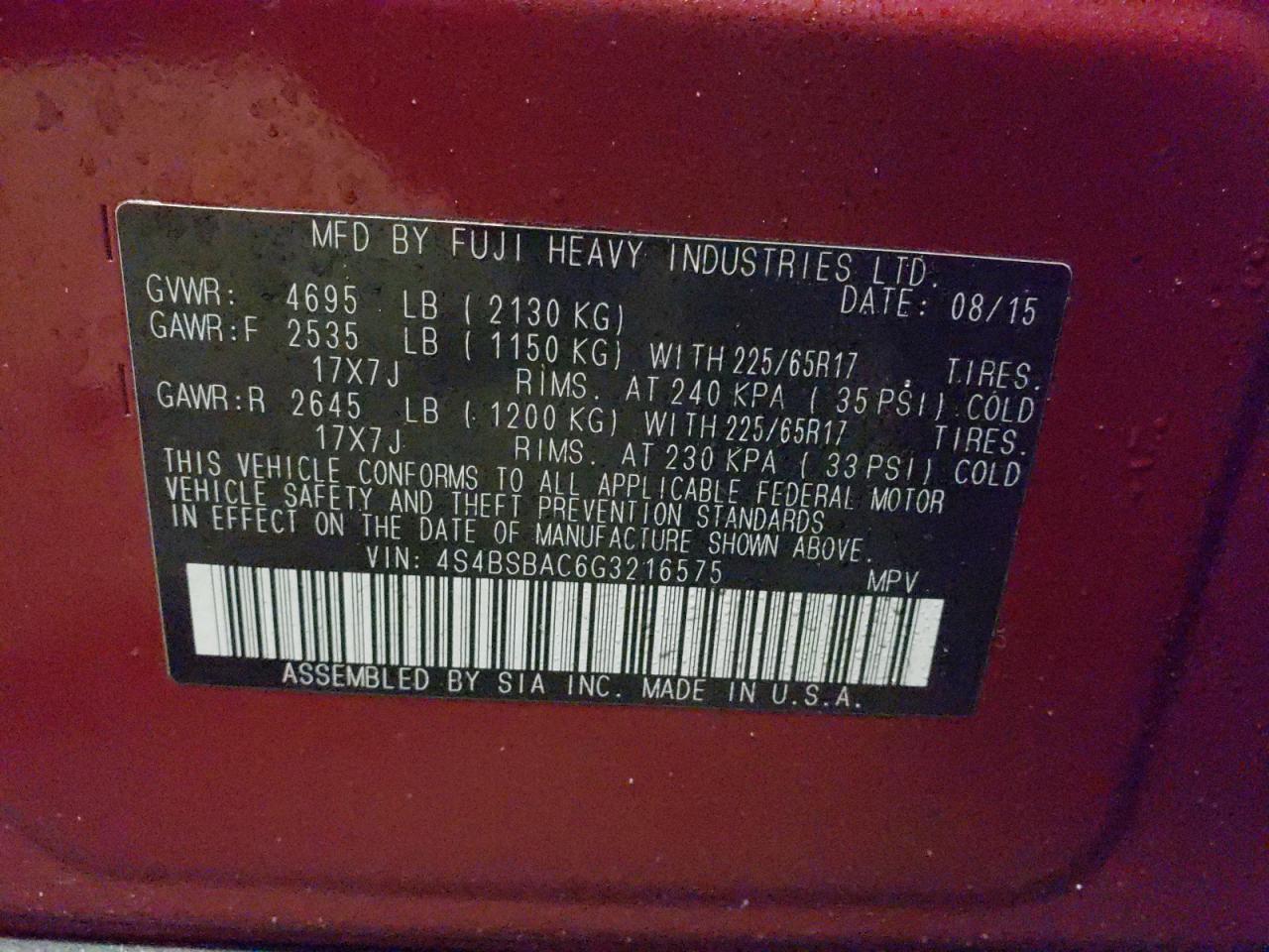 Photo 10 from auction – 2016 SUBARU OUTBACK 2. with VIN 4S4BSBAC6G3216575