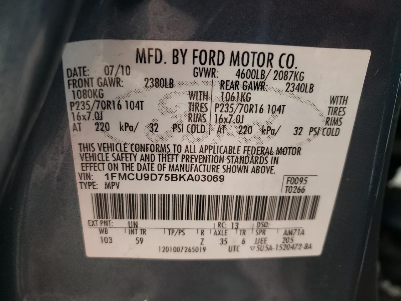 Photo 10 from auction – 2011 FORD ESCAPE XLT with VIN 1FMCU9D75BKA03069