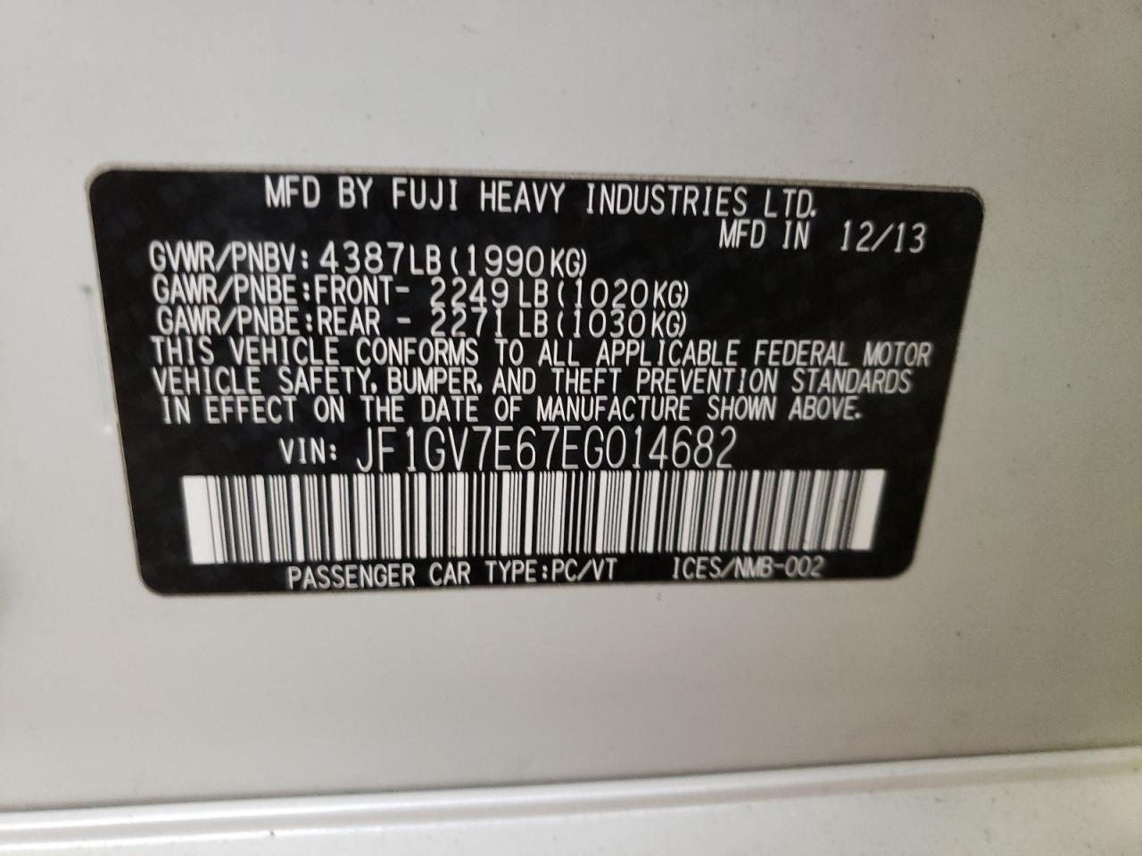 Photo 10 from auction – 2014 SUBARU IMPREZA WR with VIN JF1GV7E67EG014682