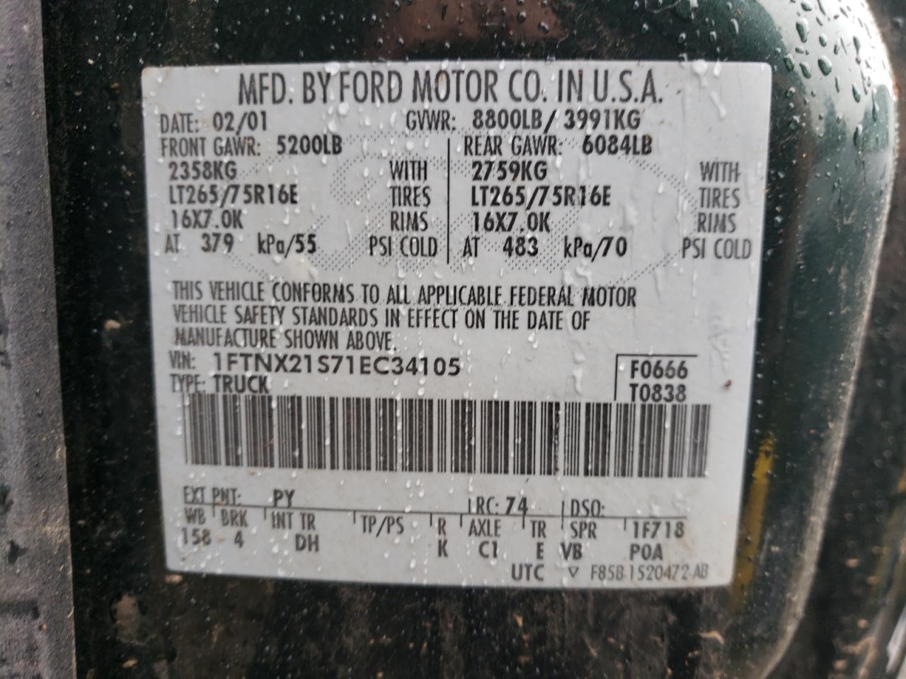 Photo 10 from auction – 2001 FORD F250 SUPER with VIN 1FTNX21S71EC34105