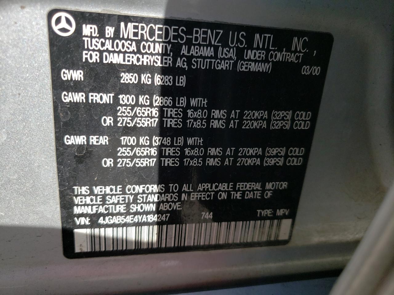 Photo 10 from auction – 2000 MERCEDES-BENZ ML 320 with VIN 4JGAB54E4YA184247