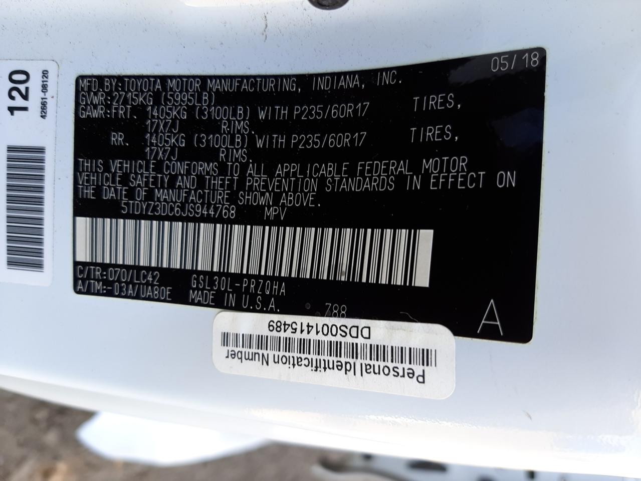 Photo 10 from auction – 2018 TOYOTA SIENNA XLE with VIN 5TDYZ3DC6JS944768