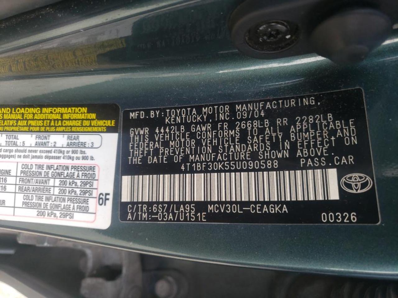 Photo 10 from auction – 2005 TOYOTA CAMRY LE with VIN 4T1BF30K55U090588