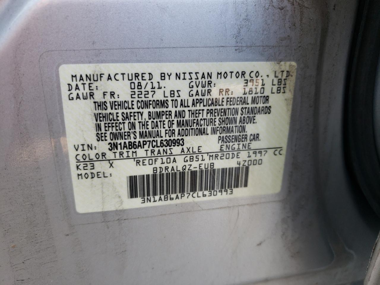 Photo 10 from auction – 2012 NISSAN SENTRA 2.0 with VIN 3N1AB6AP7CL630993