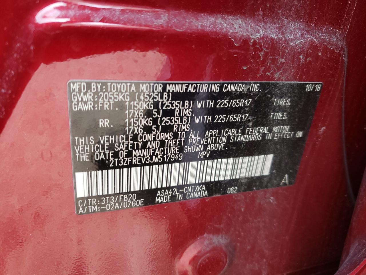 Photo 10 from auction – 2018 TOYOTA RAV4 LE with VIN 2T3ZFREV3JW517949