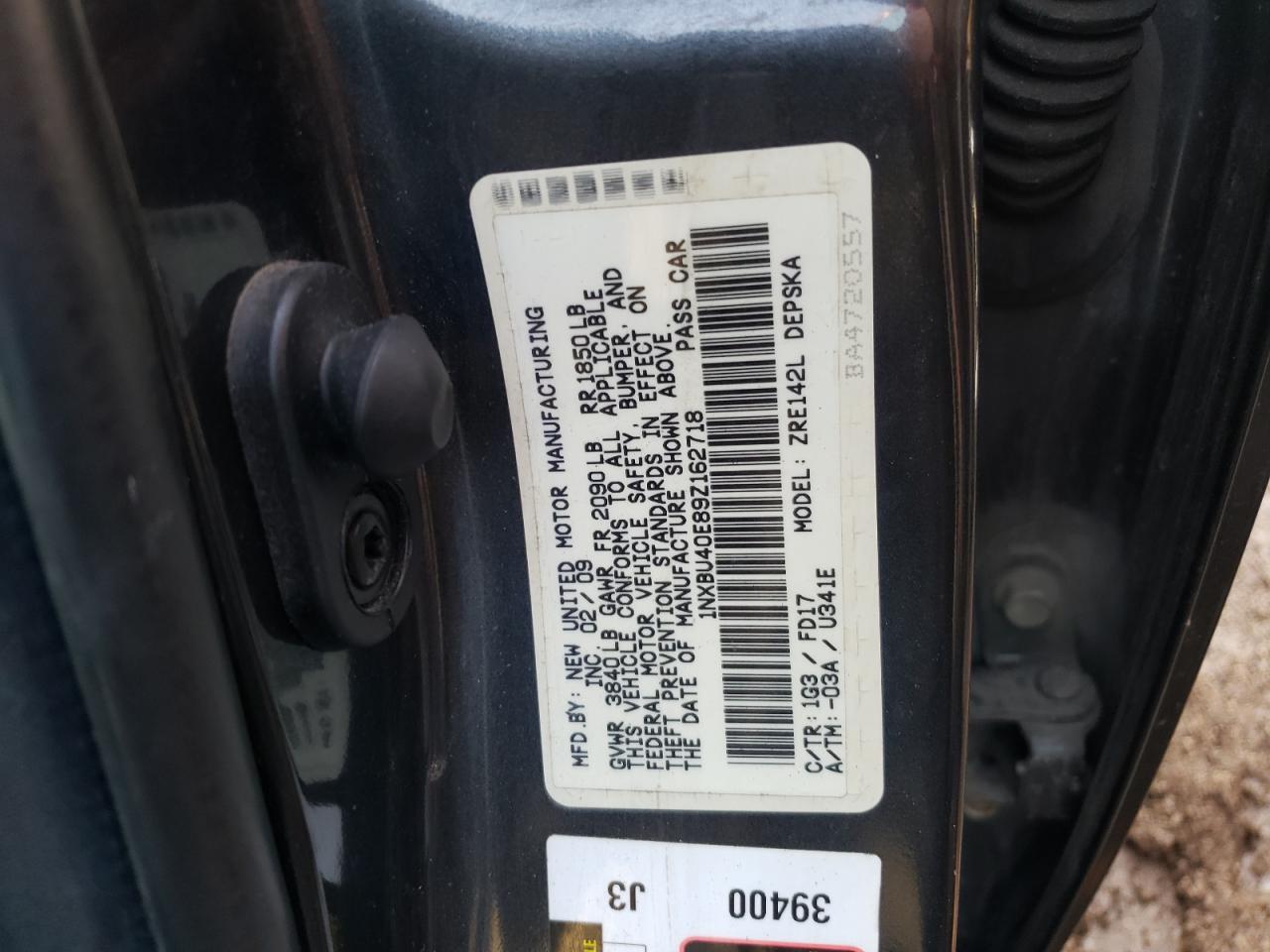 Photo 10 from auction – 2009 TOYOTA COROLLA BA with VIN 1NXBU40E89Z162718