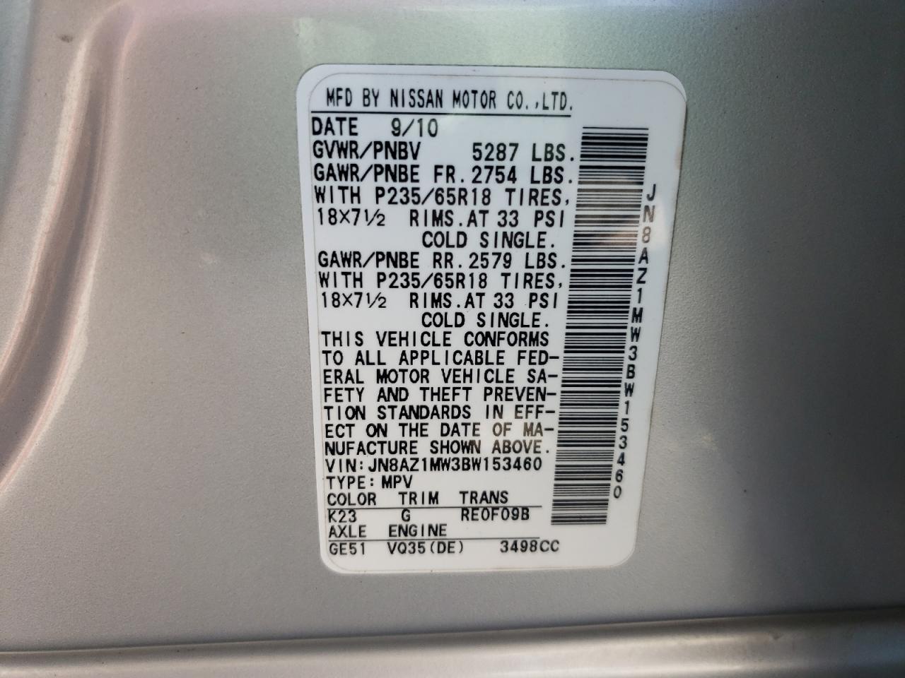 Photo 10 from auction – 2011 NISSAN MURANO S with VIN JN8AZ1MW3BW153460