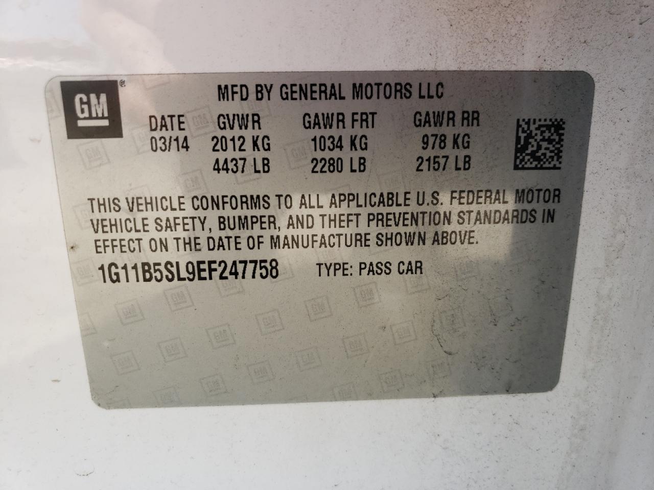 Photo 10 from auction – 2014 CHEVROLET MALIBU LS with VIN 1G11B5SL9EF247758