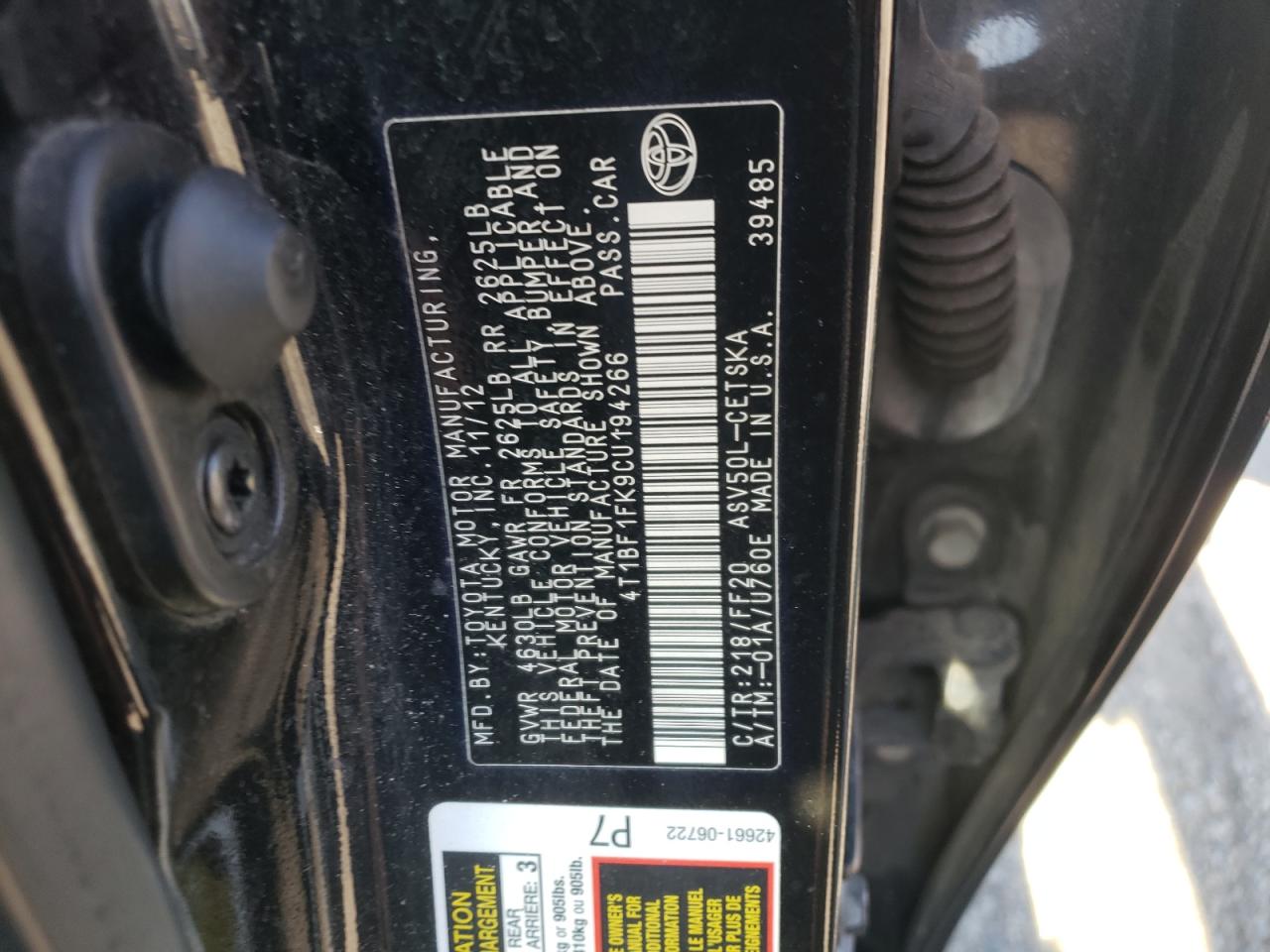 Photo 10 from auction – 2012 TOYOTA CAMRY BASE with VIN 4T1BF1FK9CU194266