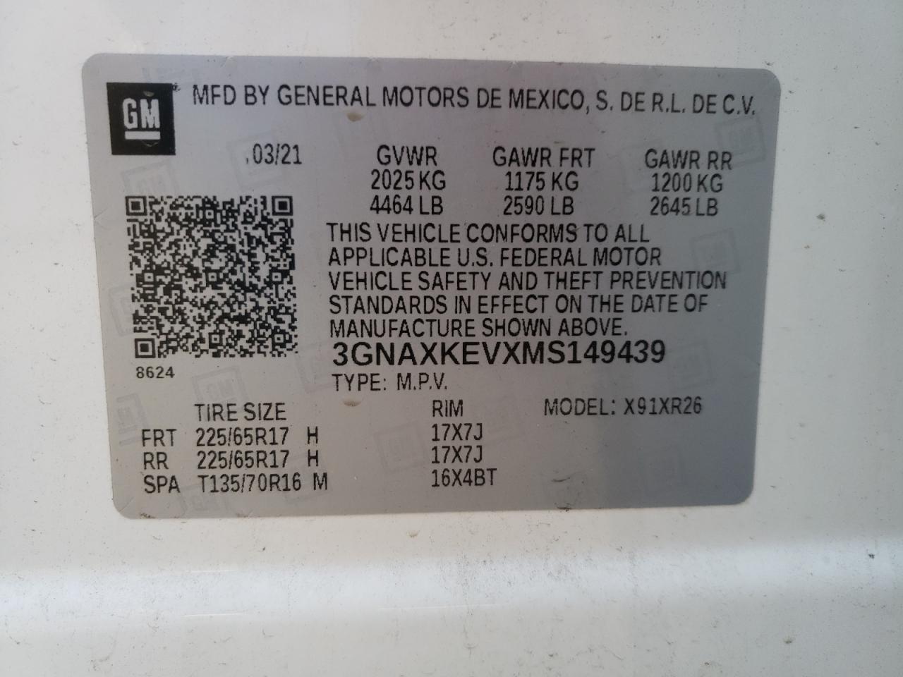 Photo 10 from auction – 2021 CHEVROLET EQUINOX LT with VIN 3GNAXKEVXMS149439