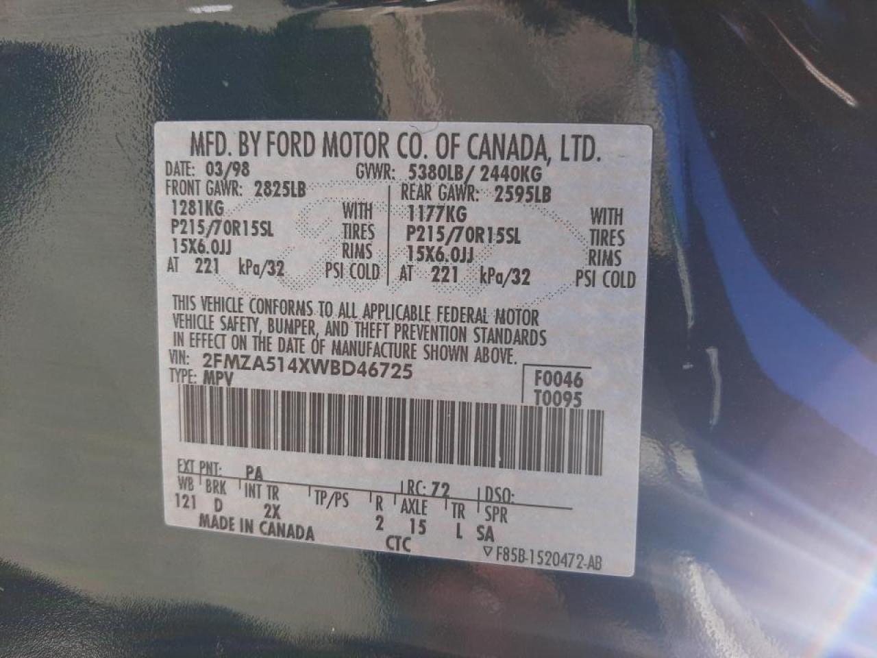 Photo 10 from auction – 1998 FORD WINDSTAR W with VIN 2FMZA514XWBD46725