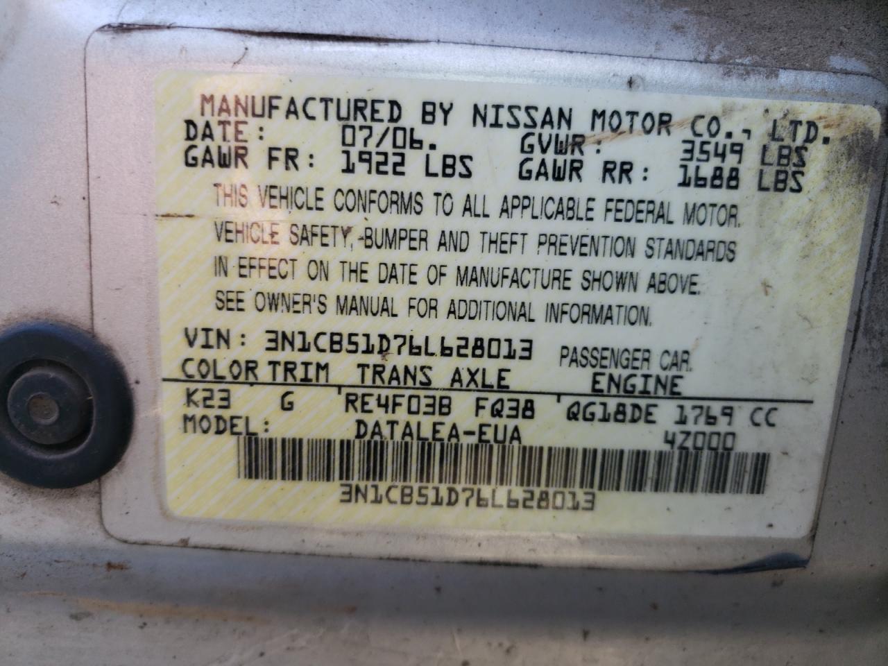 Photo 10 from auction – 2006 NISSAN SENTRA 1.8 with VIN 3N1CB51D76L628013