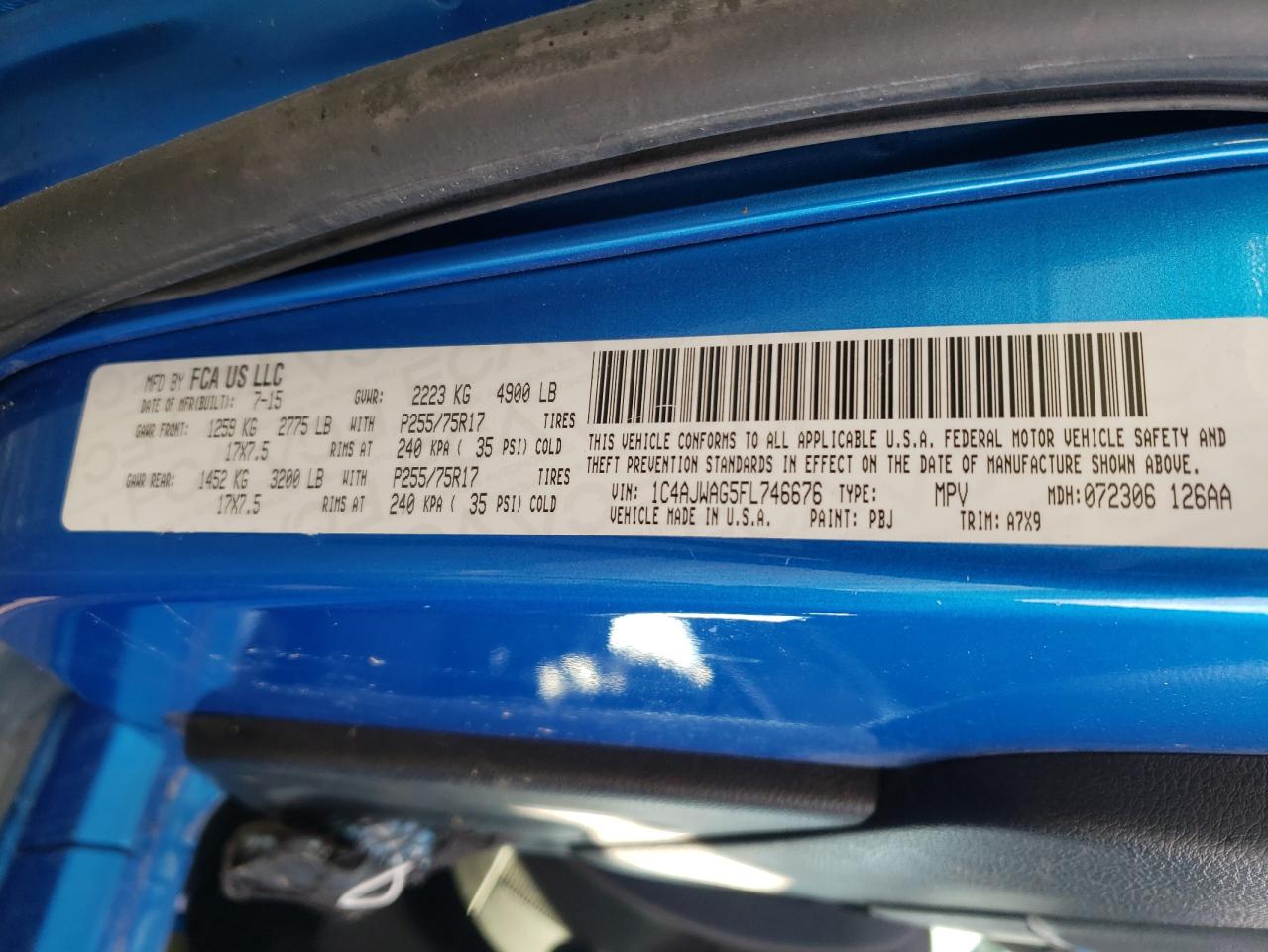 Photo 10 from auction – 2015 JEEP WRANGLER S with VIN 1C4AJWAG5FL746676