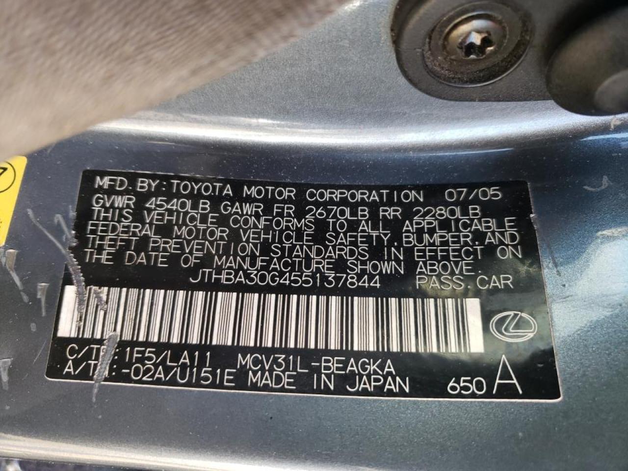 Photo 10 from auction – 2005 LEXUS ES 330 with VIN JTHBA30G455137844