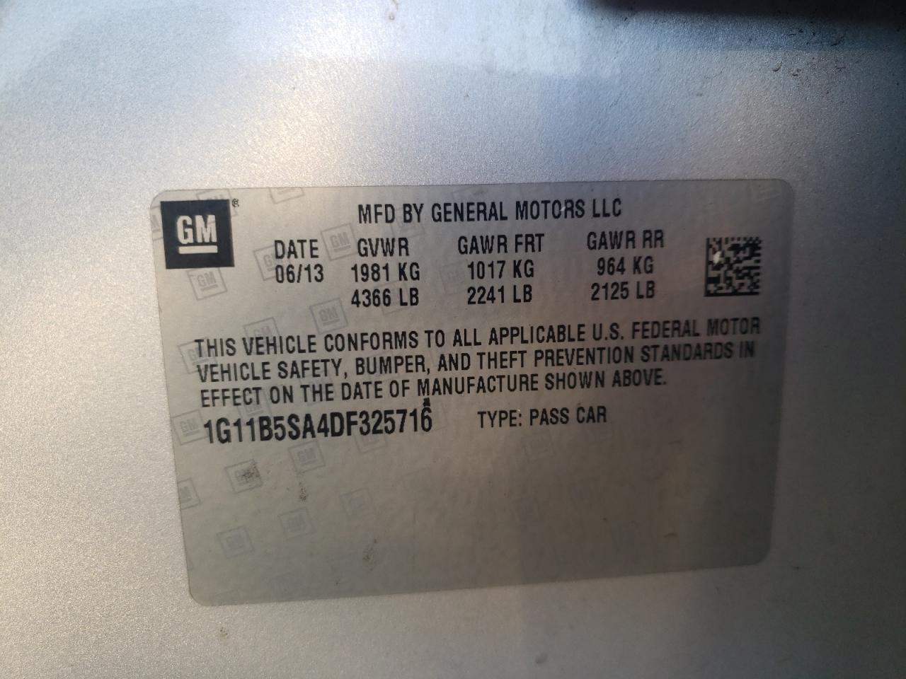 Photo 10 from auction – 2013 CHEVROLET MALIBU LS with VIN 1G11B5SA4DF325716