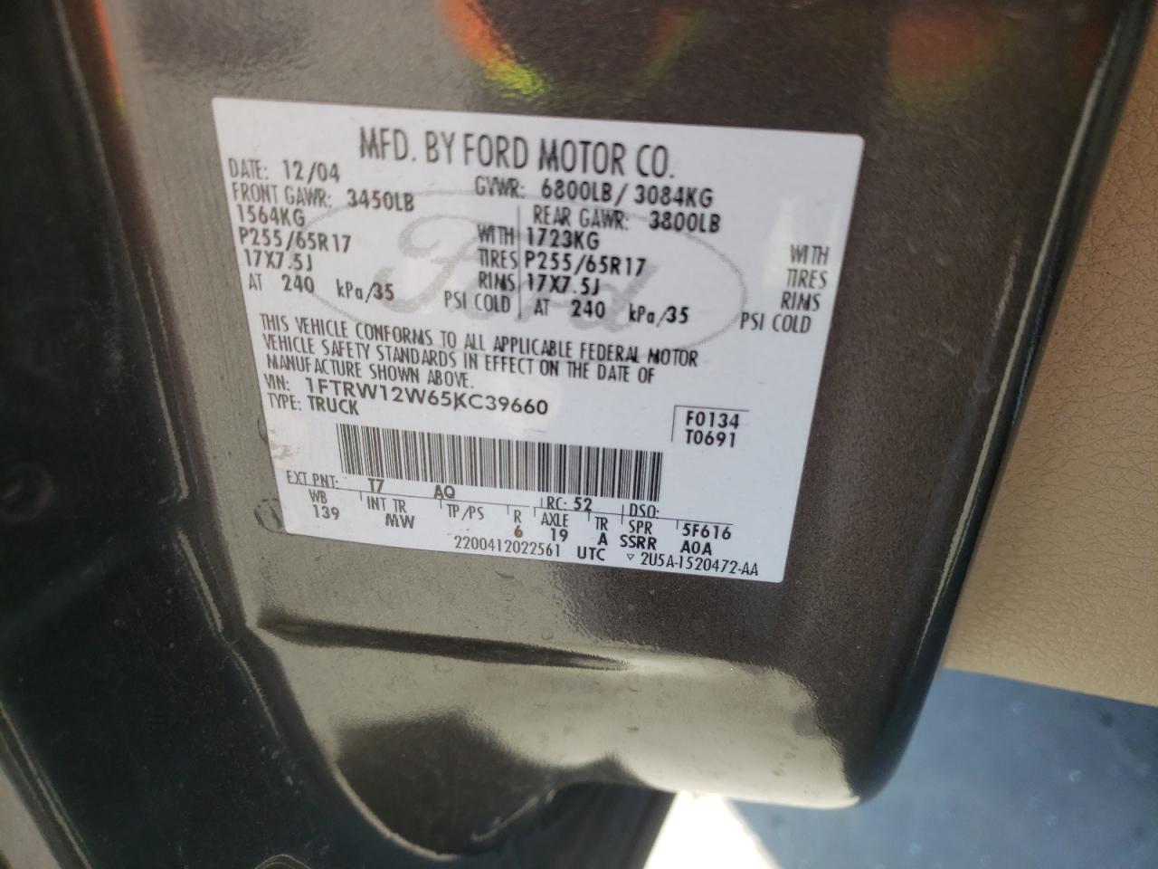 Photo 10 from auction – 2005 FORD F150 SUPER with VIN 1FTRW12W65KC39660