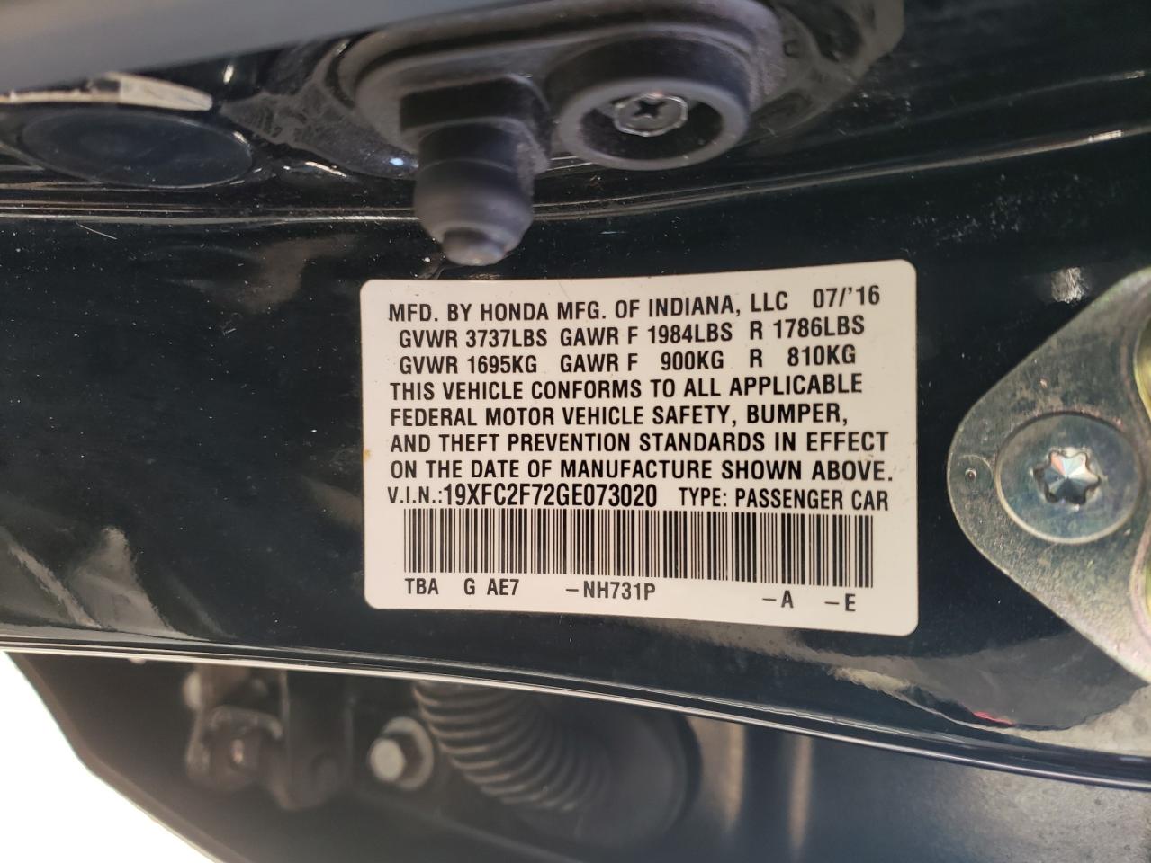 Photo 10 from auction – 2016 HONDA CIVIC EX with VIN 19XFC2F72GE073020