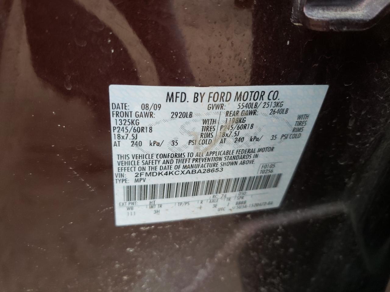 Photo 10 from auction – 2010 FORD EDGE LIMIT with VIN 2FMDK4KCXABA28653