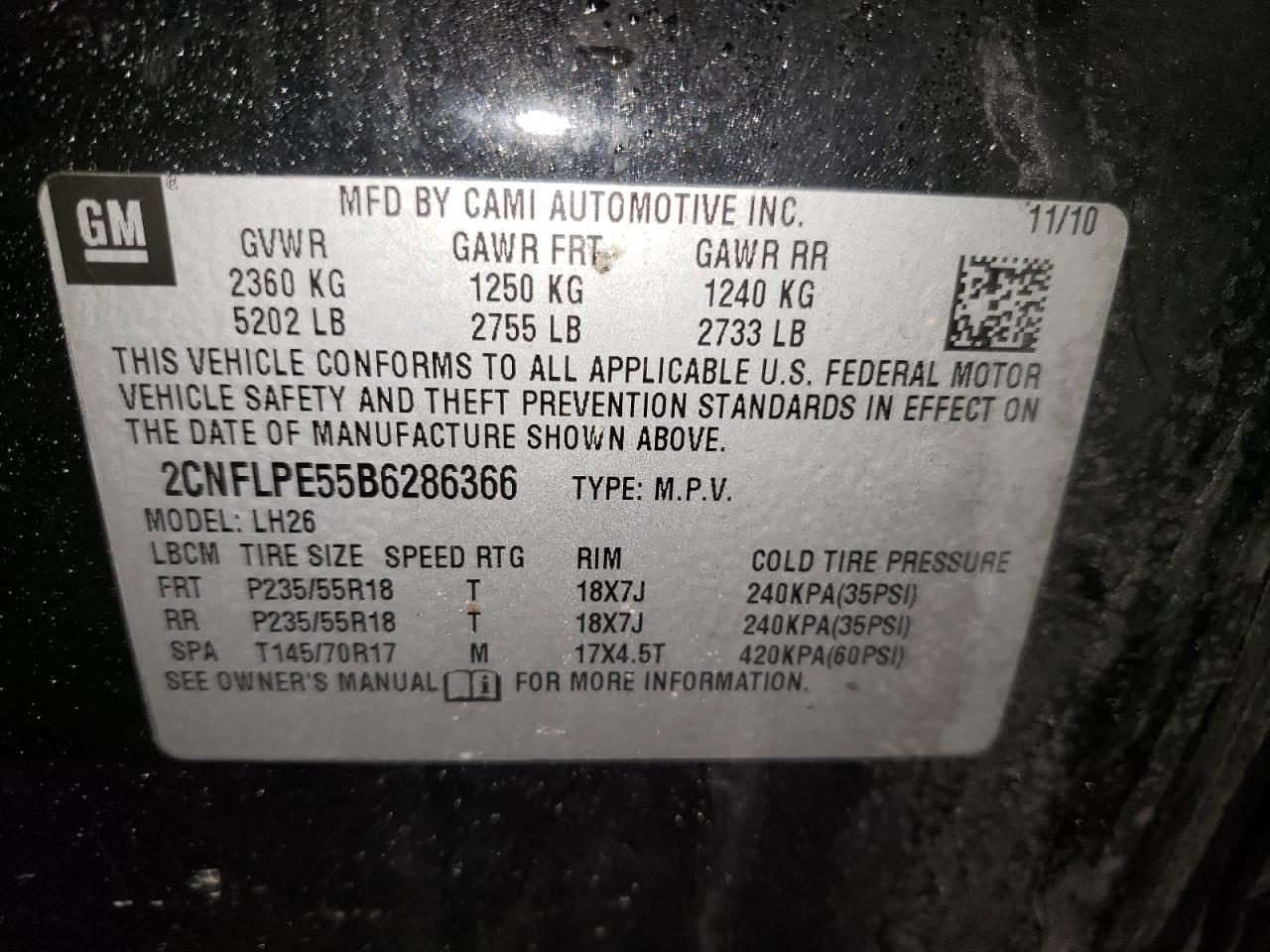 Photo 10 from auction – 2011 CHEVROLET EQUINOX LT with VIN 2CNFLPE55B6286366