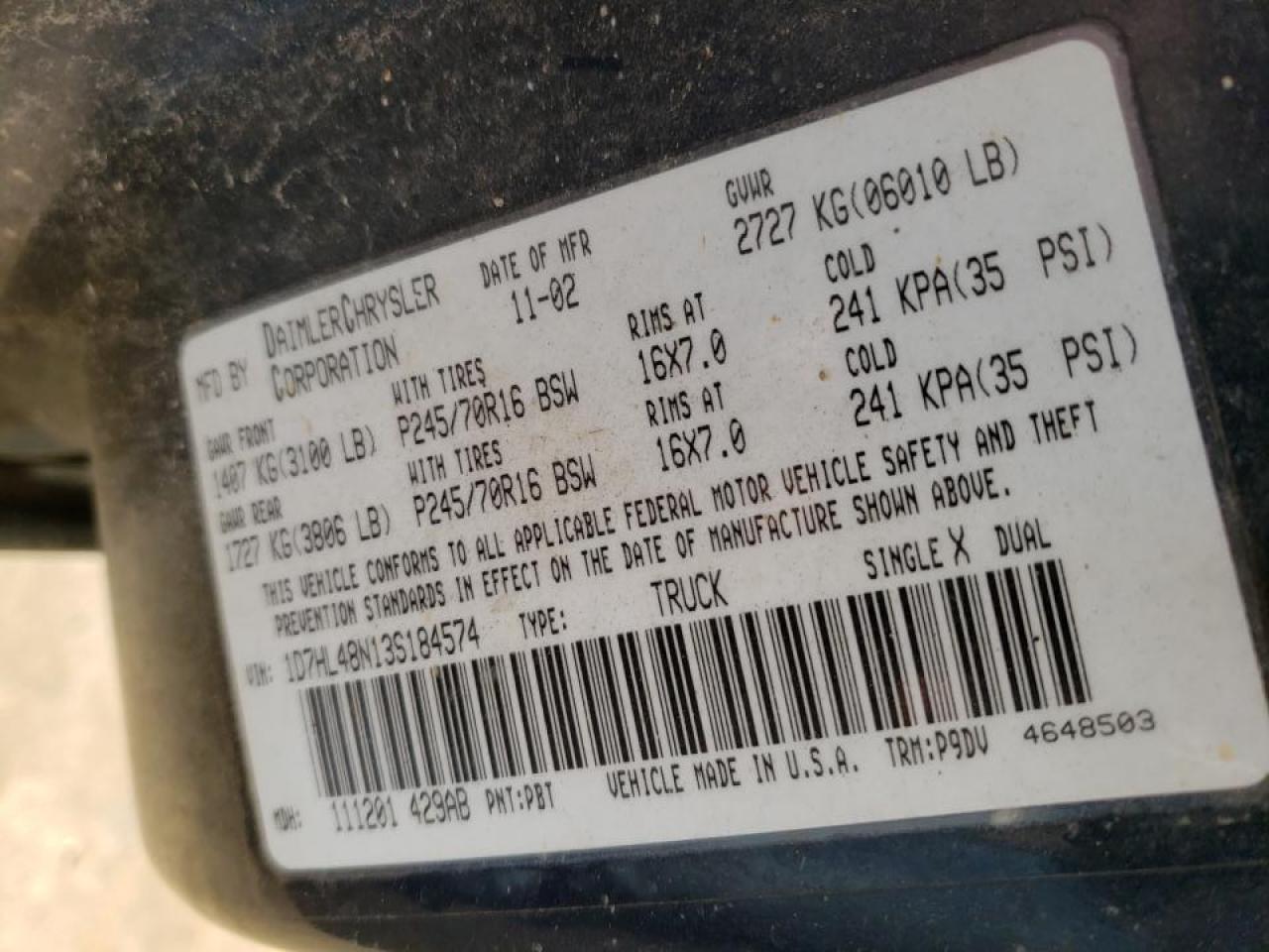Photo 10 from auction – 2003 DODGE DAKOTA QUA with VIN 1D7HL48N13S184574