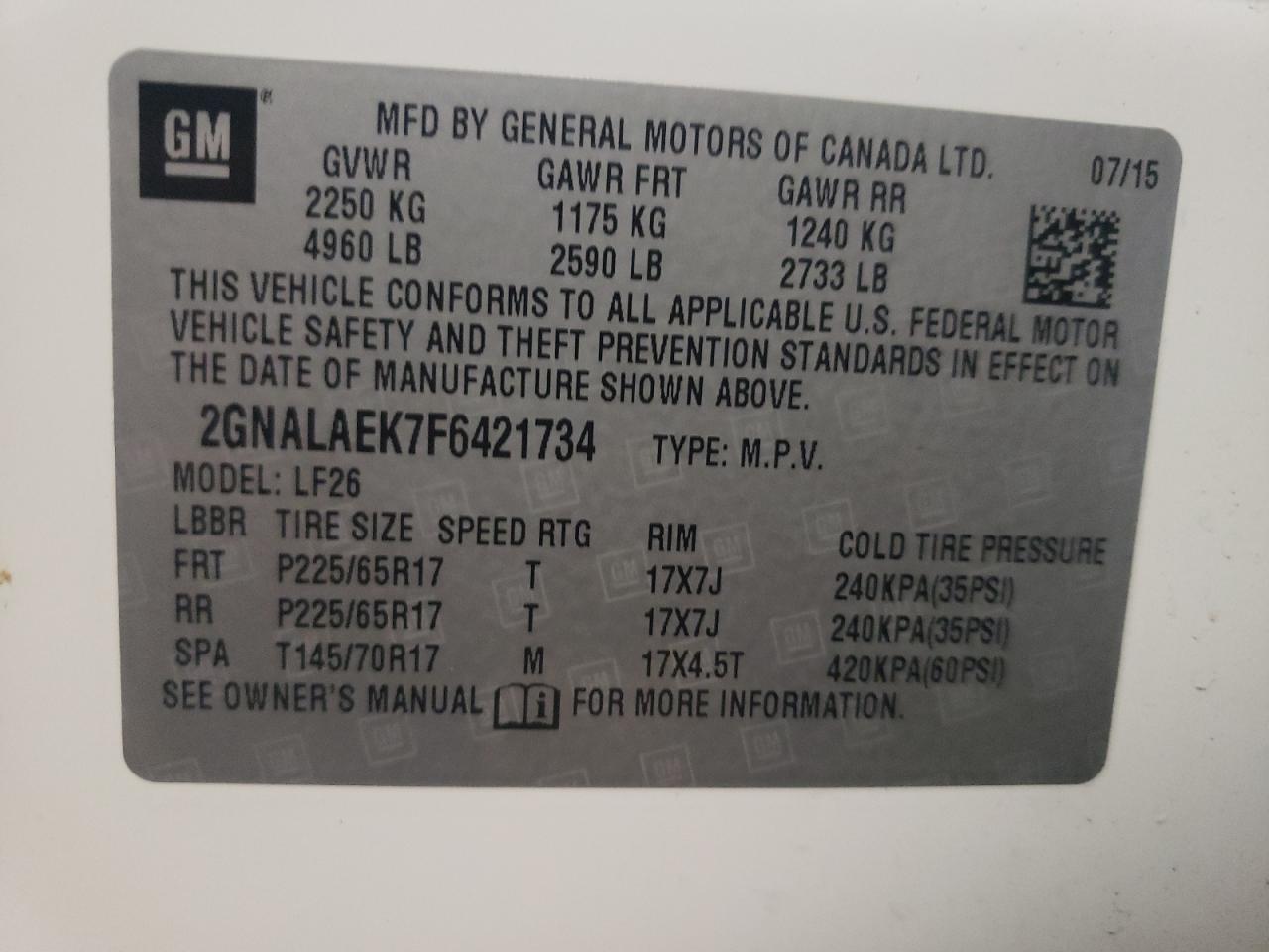 Photo 10 from auction – 2015 CHEVROLET EQUINOX LS with VIN 2GNALAEK7F6421734
