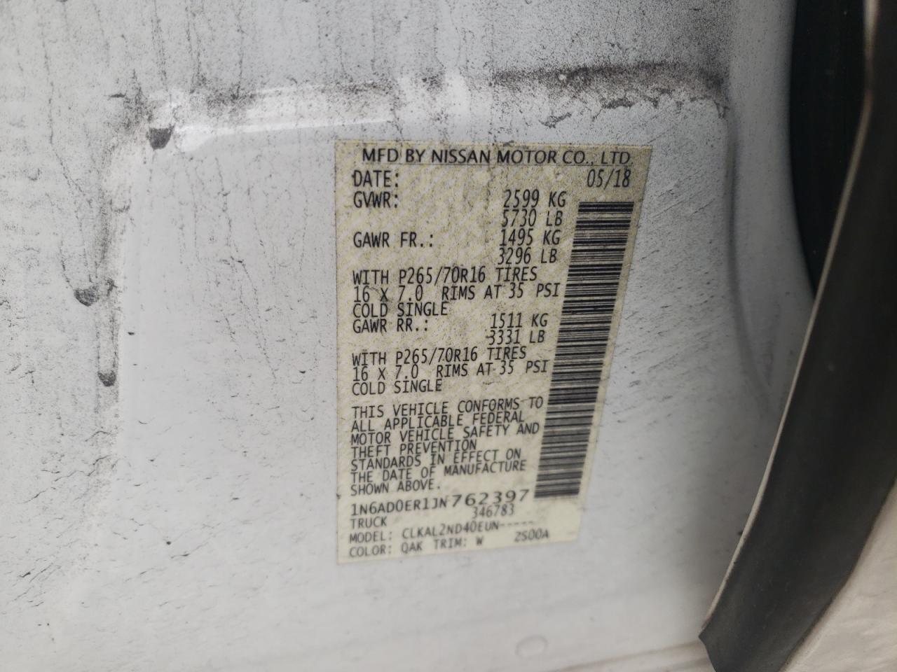 Photo 10 from auction – 2018 NISSAN FRONTIER S with VIN 1N6AD0ER1JN762397