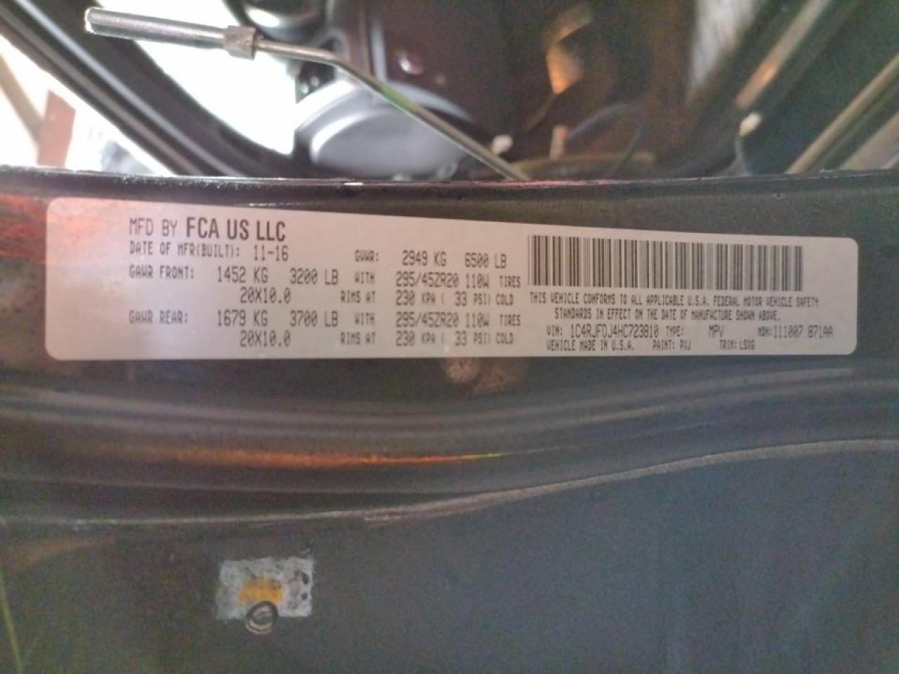 Photo 10 from auction – 2017 JEEP GRAND CHER with VIN 1C4RJFDJ4HC723810