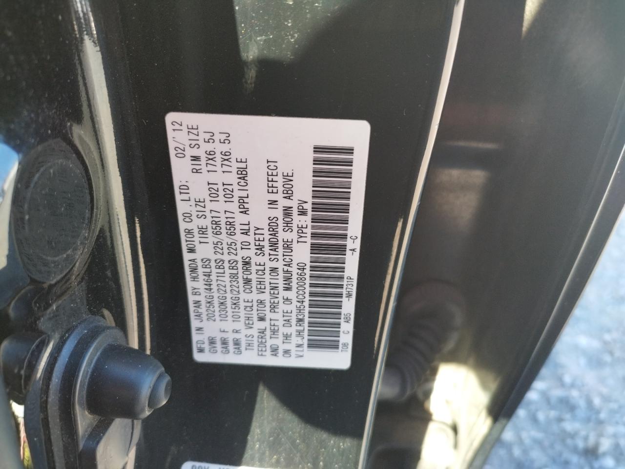 Photo 10 from auction – 2012 HONDA CR-V EX with VIN JHLRM3H54CC008640