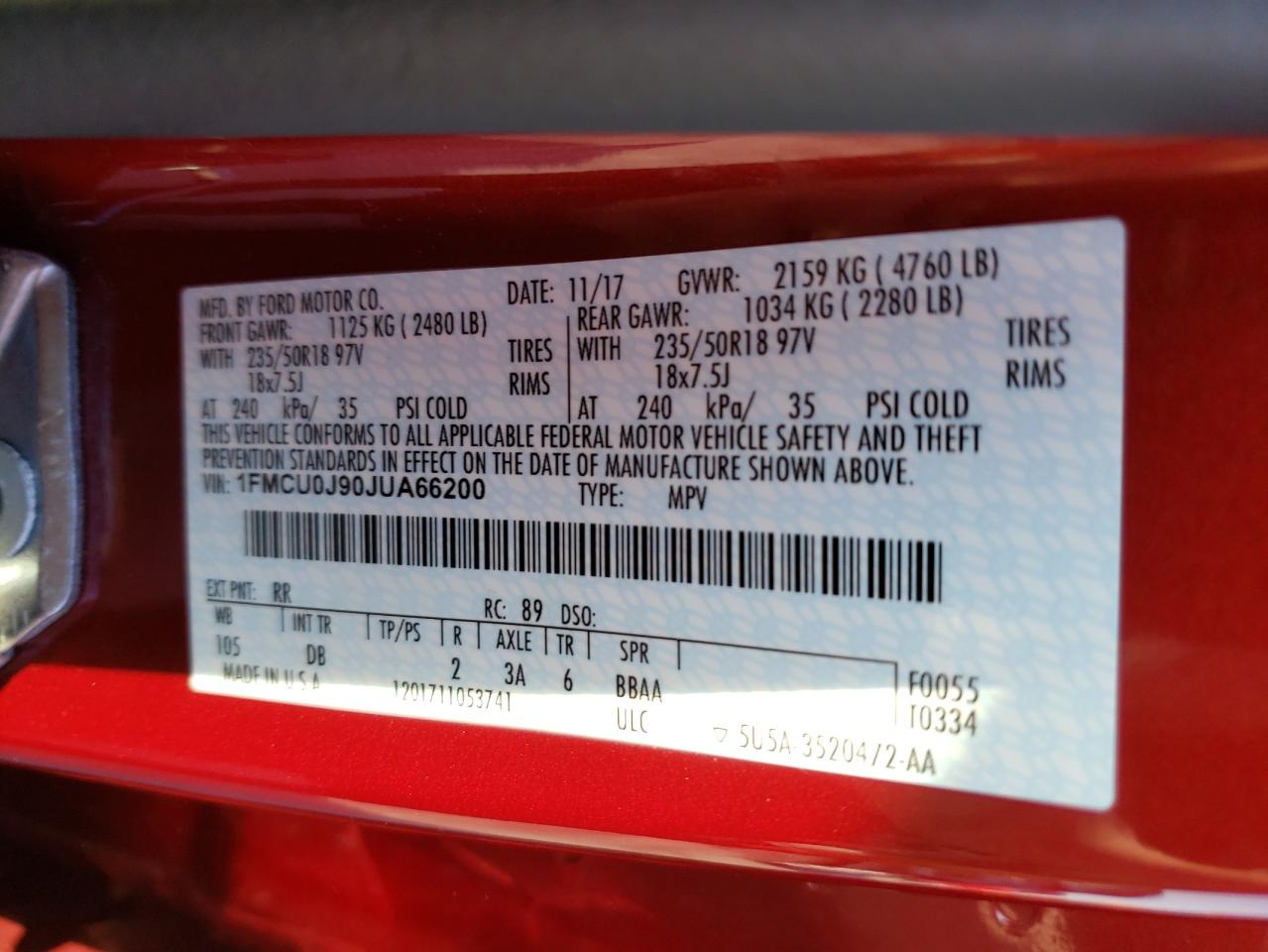 Photo 10 from auction – 2018 FORD ESCAPE TIT with VIN 1FMCU0J90JUA66200