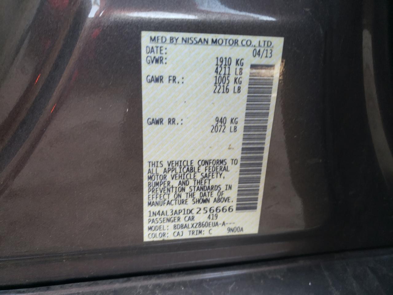 Photo 10 from auction – 2013 NISSAN ALTIMA with VIN 1N4AL3AP1DC256666