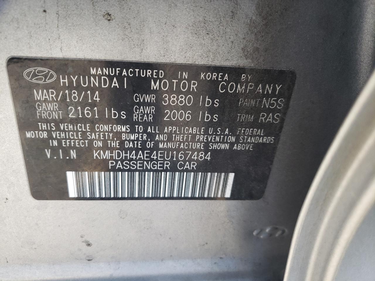 Photo 10 from auction – 2014 HYUNDAI ELANTRA SE with VIN KMHDH4AE4EU167484